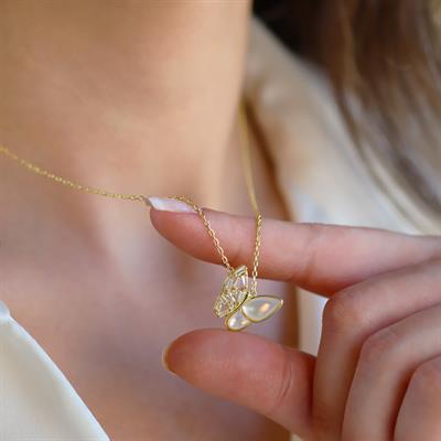 Kelebek Sedefli Gold Gümüş Kolye