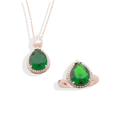 Kök Zümrüt Taşlı Rose Gold Kaplama Damla Gümüş Takım
