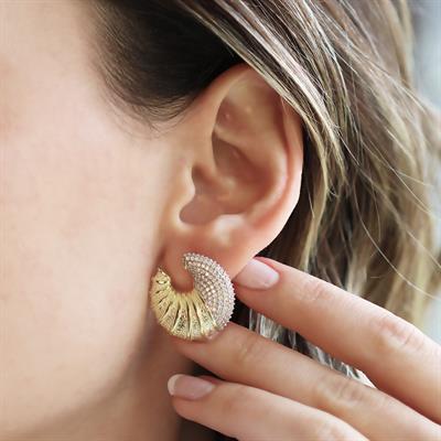 Kruvasan Zirkon Taşlı Gold Gümüş Küpe