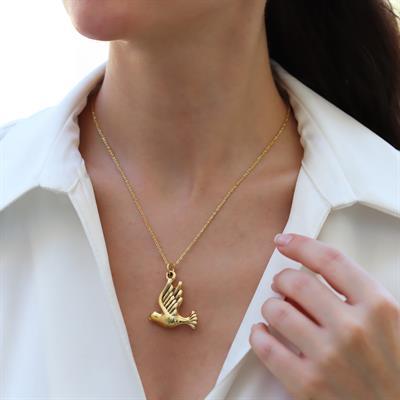 Kuş Bombeli Gold Gümüş Kolye