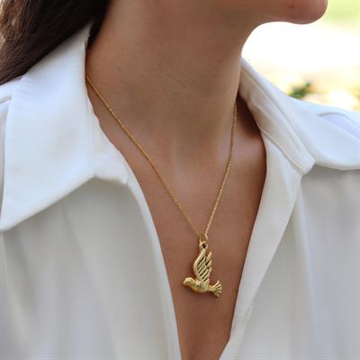 Kuş Bombeli Gold Gümüş Kolye