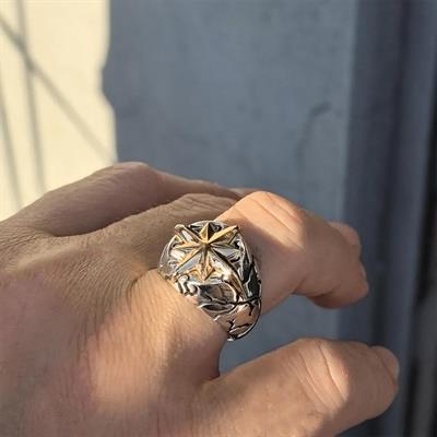 Kutup Yıldızı Desenli Gümüş Erkek Yüzük