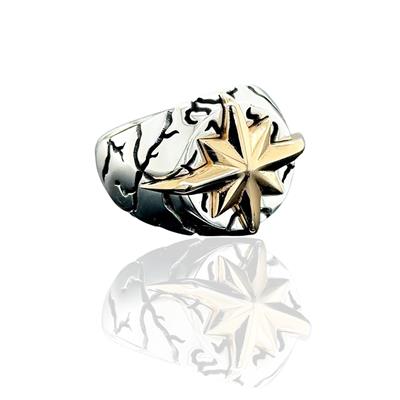 Kutup Yıldızı Desenli Gümüş Erkek Yüzük