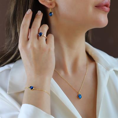 Labradorit Gold Kaplama Doğaltaş Gümüş Set 