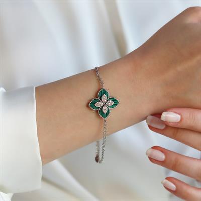 Malahit Taşlı Alhmbra Gümüş Bileklik