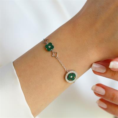 Malahit Taşlı Yonca Gümüş Bileklik