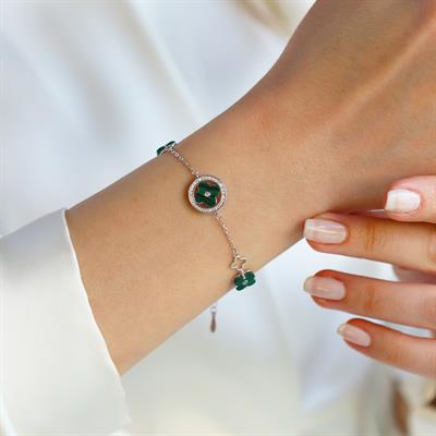 Malahit Taşlı Yonca Gümüş Bileklik