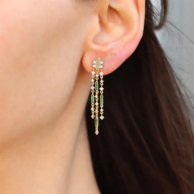 Malahit Taşlı Zincir Trend Gold Gümüş Küpe