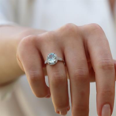 Mavi Zirkon Taşlı Oval Gümüş Yüzük