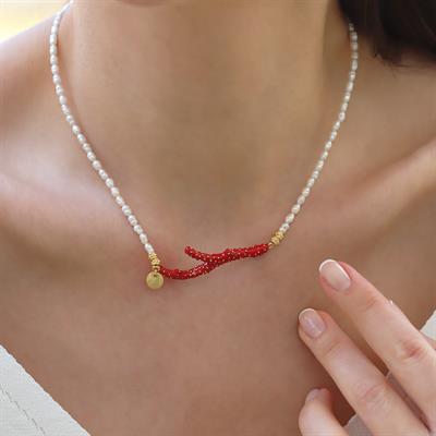 Mercan İncili Gold Doğaltaşlı Gümüş Kolye