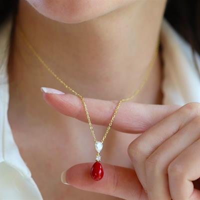 Mercan Taşlı Damla Gold Gümüş Set 