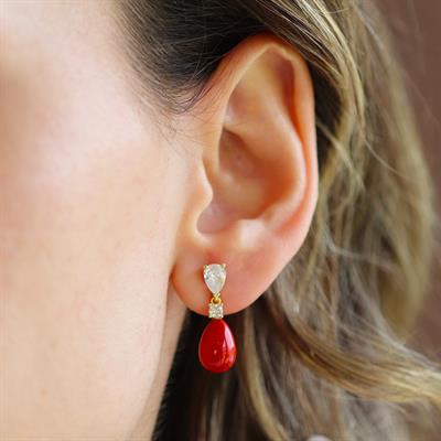 Mercan Taşlı Damla Gold Gümüş Set 