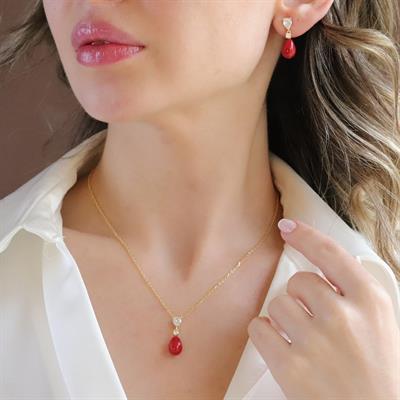 Mercan Taşlı Damla Gold Gümüş Set 