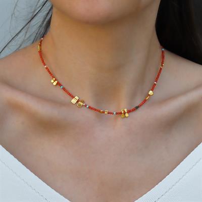 Mercan Taşlı Gold Doğaltaş Gümüş Kolye