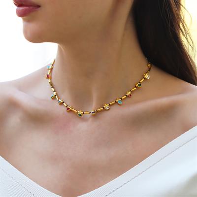 Mozaik Doğaltaşlı Gold Gümüş Kolye