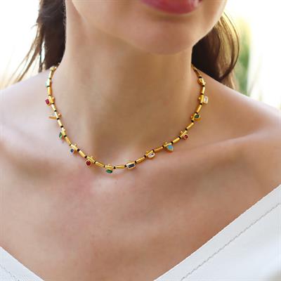 Mozaik Doğaltaşlı Gold Gümüş Kolye