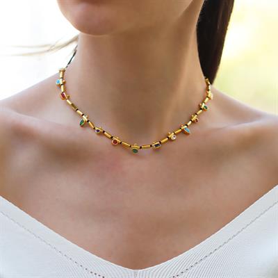 Mozaik Doğaltaşlı Gold Gümüş Kolye