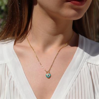 Nazar Boncuklu Kalp Mine Işli Gold Kaplama Gümüş Kolye