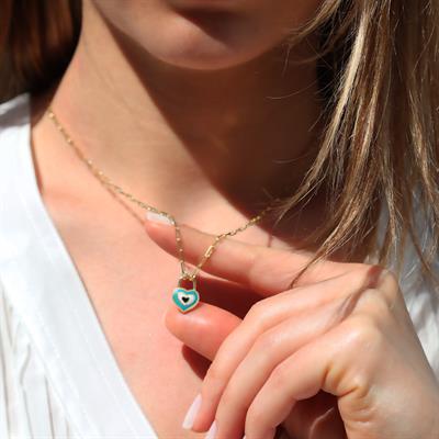 Nazar Boncuklu Kalp Mine Işli Gold Kaplama Gümüş Kolye