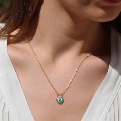 Nazar Boncuklu Kalp Mine Işli Gold Kaplama Gümüş Kolye