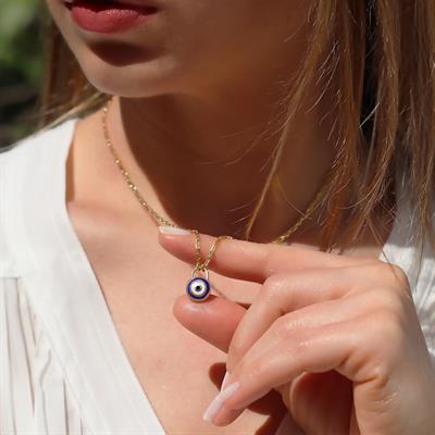 Nazar Boncuklu Lacivert Mine Işli Gold Kaplama Gümüş Kolye