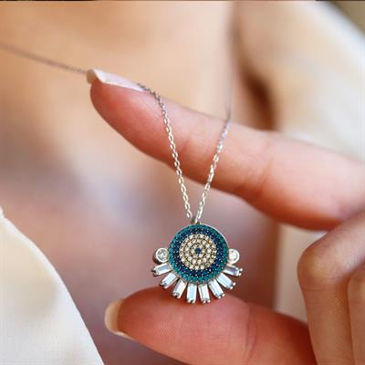 Nazar Boncuklu Zirkon Taşlı Gümüş Kolye