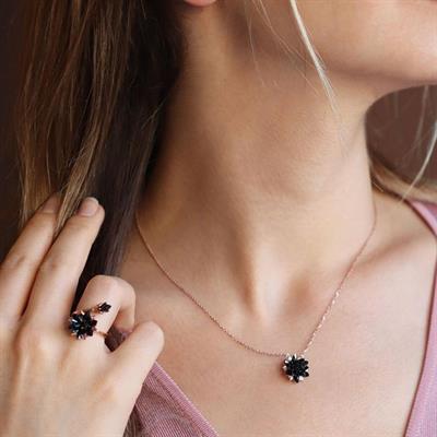 Oniks Taşlı Lotus Çiçek Rose Gold Kaplama Gümüş Set