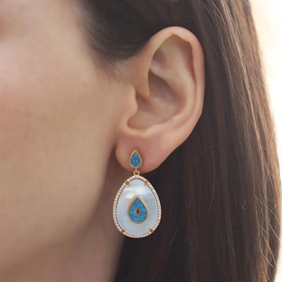 Opal Sedefli Gold Damla Gümüş Küpe