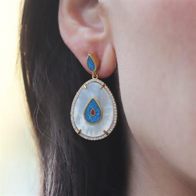 Opal Sedefli Gold Damla Gümüş Küpe