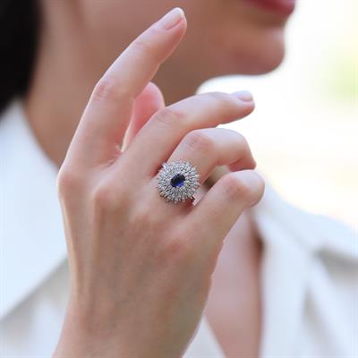 Ortası Safir Taşlı Elips Mekik Gümüş Yüzük