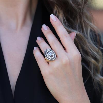 Oval Elmas Montür Modeli Gold Gümüş Yüzük