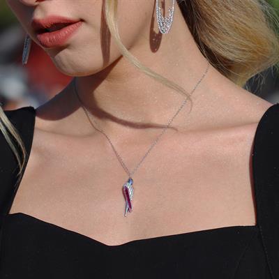 Pembe Baget Taşlı Kuşlu Gümüş Kolye