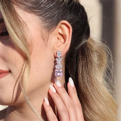 Pembe Kare Çiçekli Gümüş Işıltı Gümüş Küpe