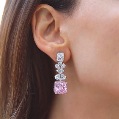 Pembe Kare Çiçekli Gümüş Işıltı Gümüş Küpe