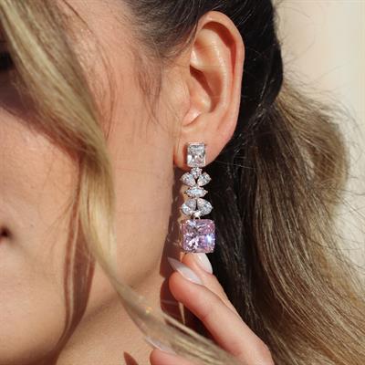 Pembe Kare Çiçekli Gümüş Işıltı Gümüş Küpe