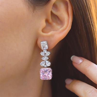 Pembe Kare Çiçekli Gümüş Işıltı Gümüş Küpe