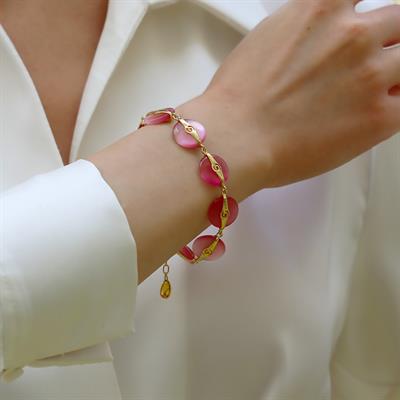 Pembe Kuvars Taşlı Gold Gümüş Bileklik