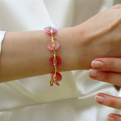 Pembe Kuvars Taşlı Gold Gümüş Bileklik