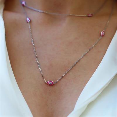 Pembe Mineli Damla Model Gümüş Zincir