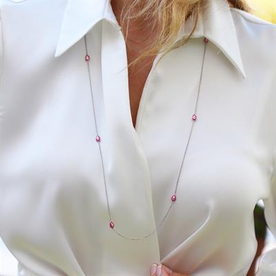 Pembe Mineli Damla Model Gümüş Zincir