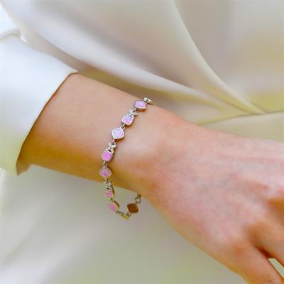 Pembe Opal Taşlı Çiçek Gümüş Bileklik