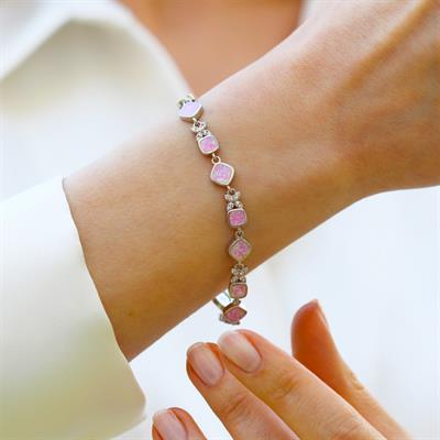 Pembe Opal Taşlı Çiçek Gümüş Bileklik
