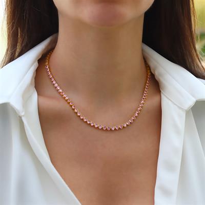 Pembe Taşlı Su Yolu Gold Gümüş Kolye