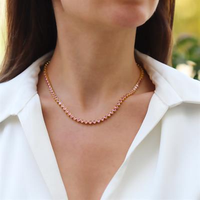 Pembe Taşlı Su Yolu Gold Gümüş Kolye