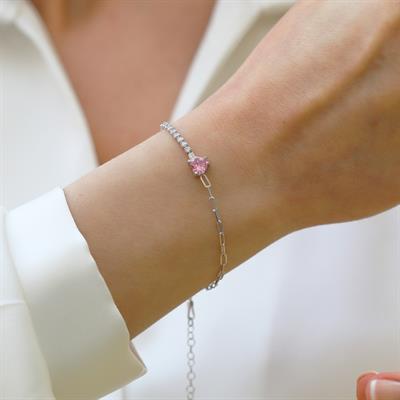 Pembe Taşlı Su Yolu Trend Gümüş Bileklik