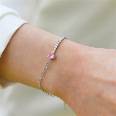 Pembe Taşlı Su Yolu Trend Gümüş Bileklik