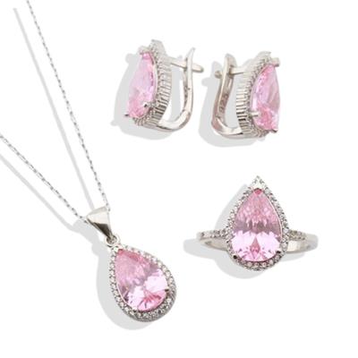 Pembe Zirkon Taşlı Damla Modeli Gümüş Takım