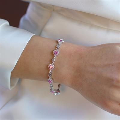 Pembe Zirkon Taşlı Kalpli Gümüş Bileklik
