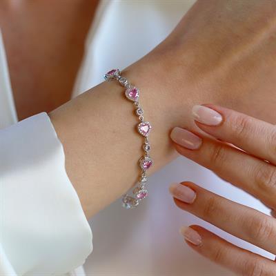 Pembe Zirkon Taşlı Kalpli Gümüş Bileklik