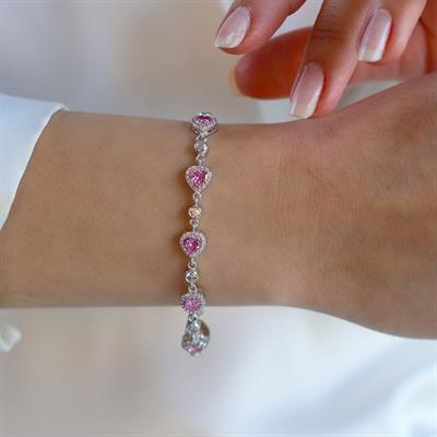 Pembe Zirkon Taşlı Kalpli Gümüş Bileklik